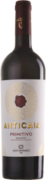 Flasche des Anticaia Primitivo Salento Rotwein von Cantina San Donaci aus Apulien Italien