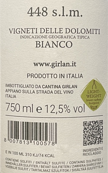Kellerei Girlan 448 Bianco Rückenetikett_Label Kellerei Girlan 448 Bianco Rückenetikett