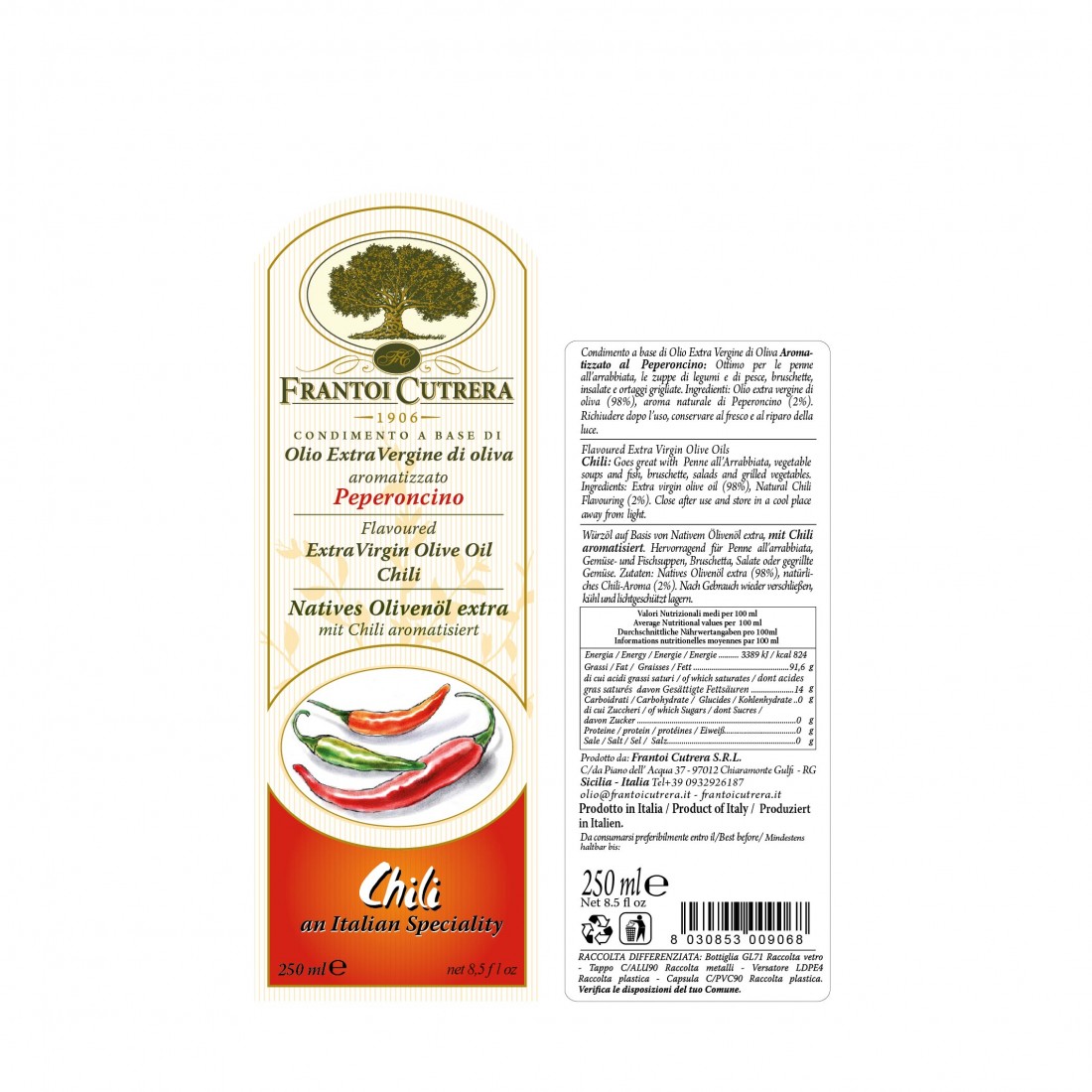 Produktlabel des peperoncino Olivenöl mit Chili von Frantoi Cutrera aus Sizilien Italien Produktlabel des peperoncino Olivenöl mit Chili von Frantoi Cutrera aus Sizilien Italien