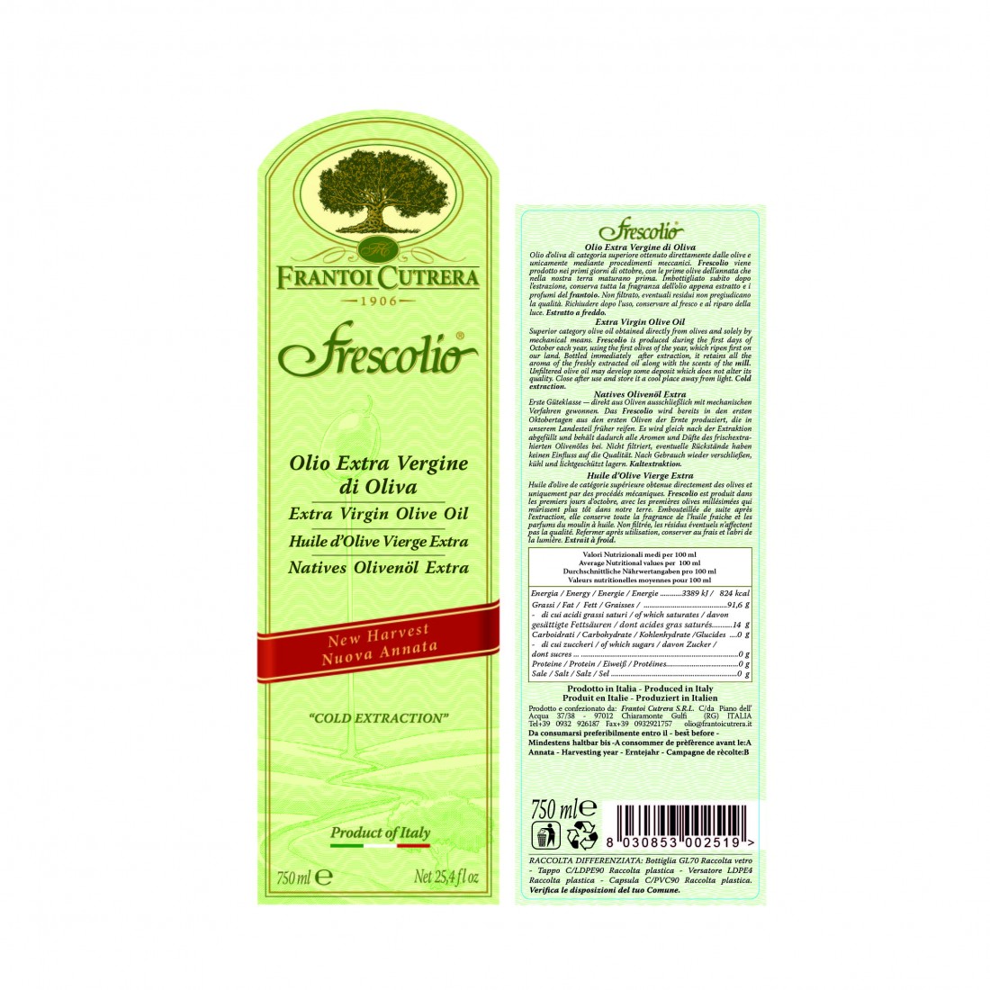 Produktlabel Frescolio Olivenöl Extra vergine di Oliva von Cutrera aus Sizilien Italien