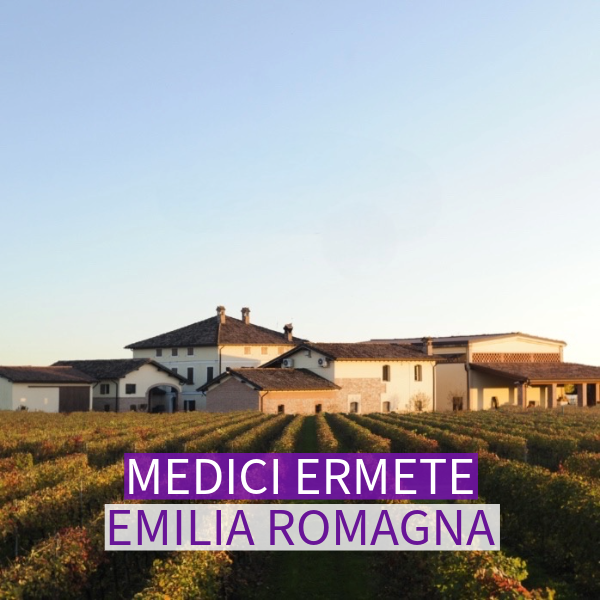 Kellerei Medici Ermete aus der Emilia Romagna Quadratisches Bild der Ausseansicht der Kellerei Medici Ermete aus der Emilia Romagna mit Rebzeilen davor