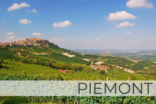 Region Piemont mit Blick über die Weinberge in Serralunga