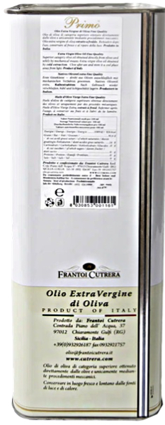 3-Liter-Kanister Olivenöl Fine Quality von Frantoi Cutrera aus Sizilien Italien Seitenansicht des 3-Liter-Kanister Olivenöl Fine Quality von Frantoi Cutrera aus Sizilien Italien