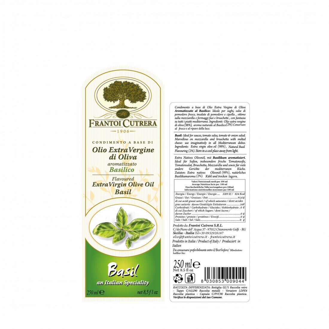 Produktlabel des Basilico Basilikumöl von Frantoi Cutrera aus Sizilien Italien