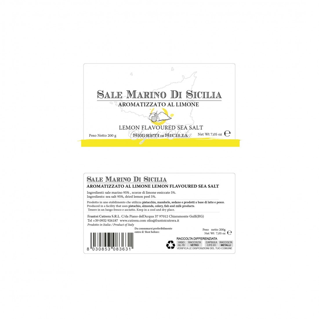 Produktetikett Sale Limone - Meersalz mit Zitrone von Cutrera aus Sizilien Italien Produktetikett Sale Limone - Meersalz mit Zitrone von Cutrera aus Sizilien Italien