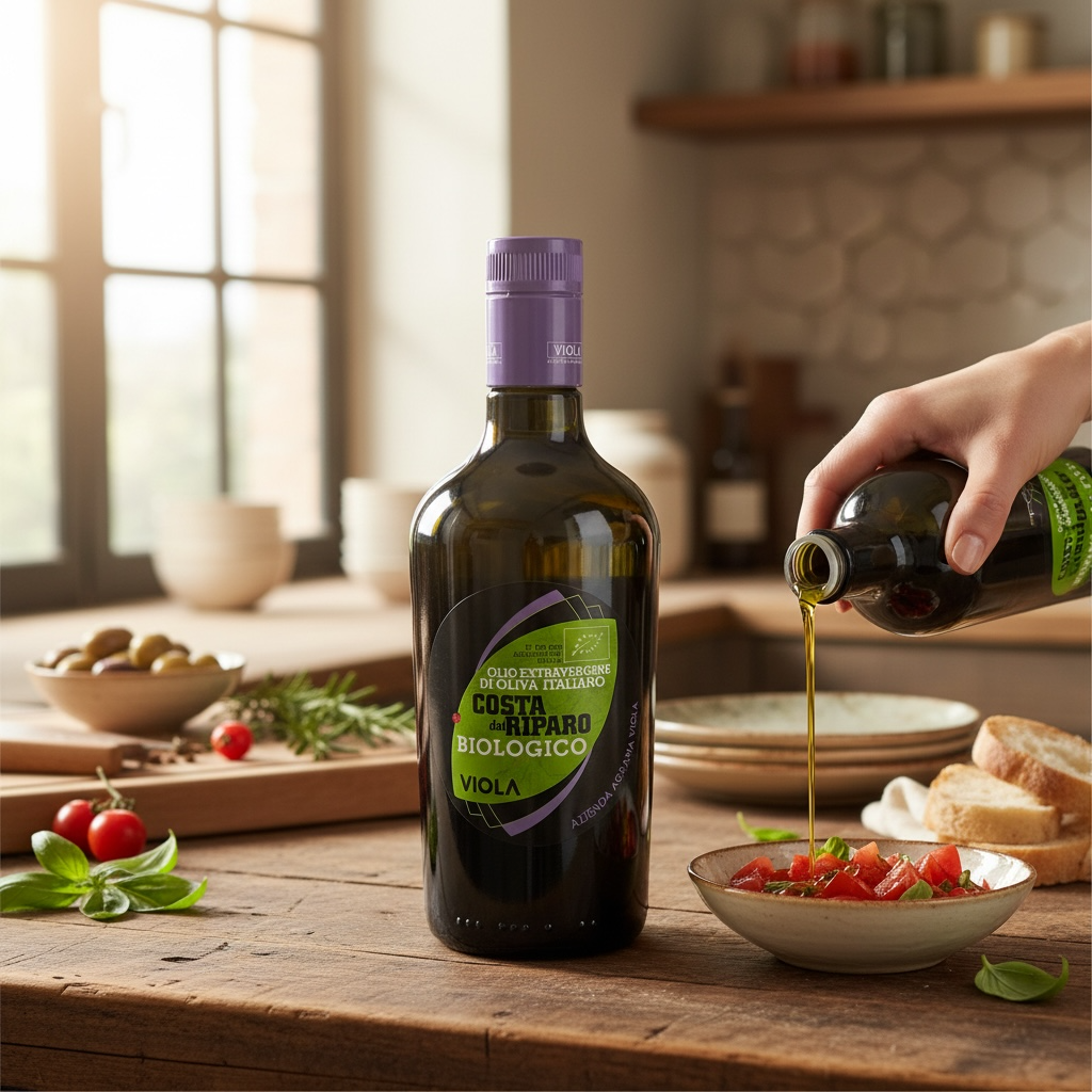 Stilleben Costa del Riparo Olivenöl Extra Vergine von Viola aus Umbrien, handgepflückt, aromatisch und frisch, Premium-Olivenöl für Pasta, Risotto und Salate