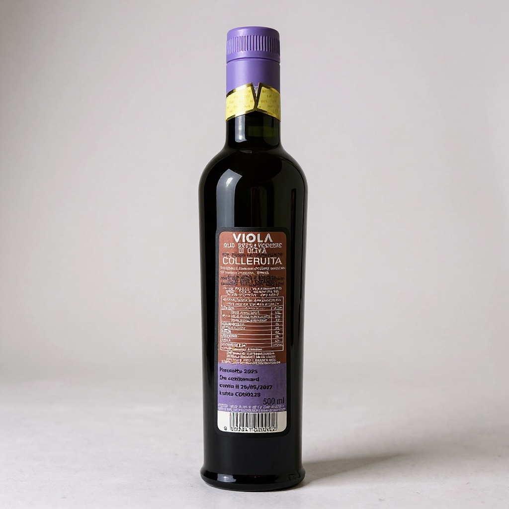 Rückenetikett Colleruita Olivenöl Extra Vergine von Viola aus Umbrien, handgepflückt, aromatisch und frisch, Premium-Olivenöl für Pasta, Risotto und Salate