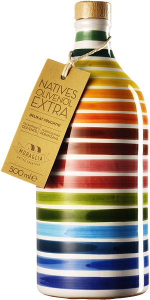 Frantoio Murgalia Olivenoel Extra Vergine di Oliva in bunter Keramikflasche mit Regenbogenfarben