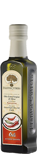 Flasche des peperoncino Olivenöl mit Chili von Frantoi Cutrera aus Sizilien Italien