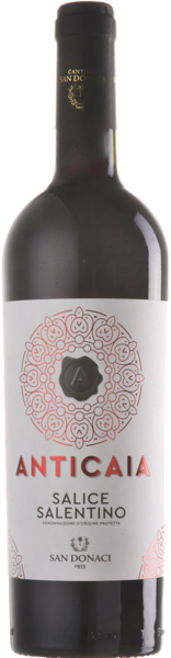 Flasche des Anticaia Salice Salentino Rotwein von Cantina San Donaci aus Apulien Italien