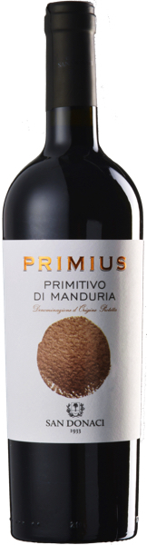Primius Primitivo di Manduria der Kellerei San Donaci aus Apulien in Italien Flasche des Primius Primitivo di Manduria der Kellerei San Donaci aus Apulien in Italien