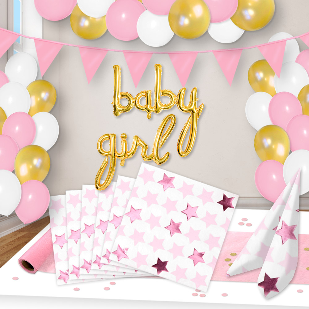 Baby Girl Raum+Tischdeko Spar Set bis 16 Gäste, Pink-Rosa-Weiß, 50-teilig