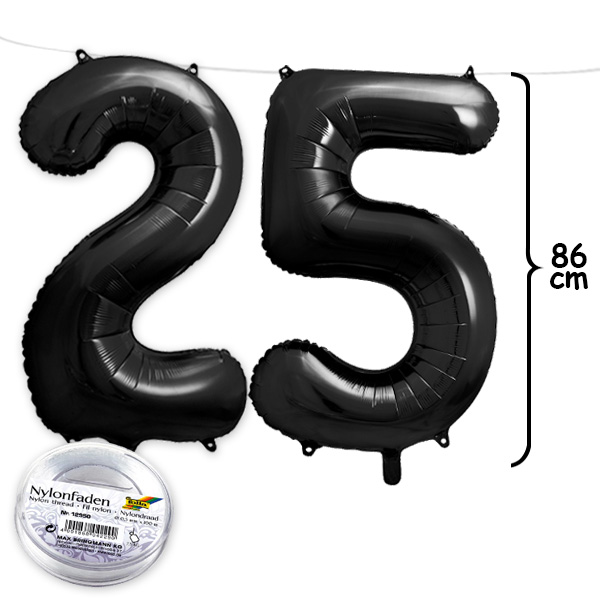 25. Geburtstag, XXL Zahlenballon Set 2 & 5 in schwarz, 86cm hoch