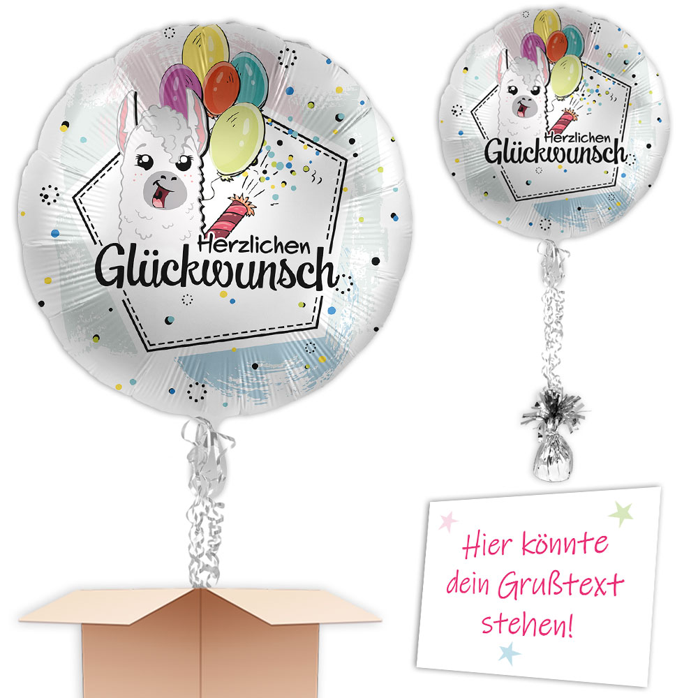 Heliumballon "Herzlichen Glückwunsch" mit Lama-Motiv, Ø 35cm