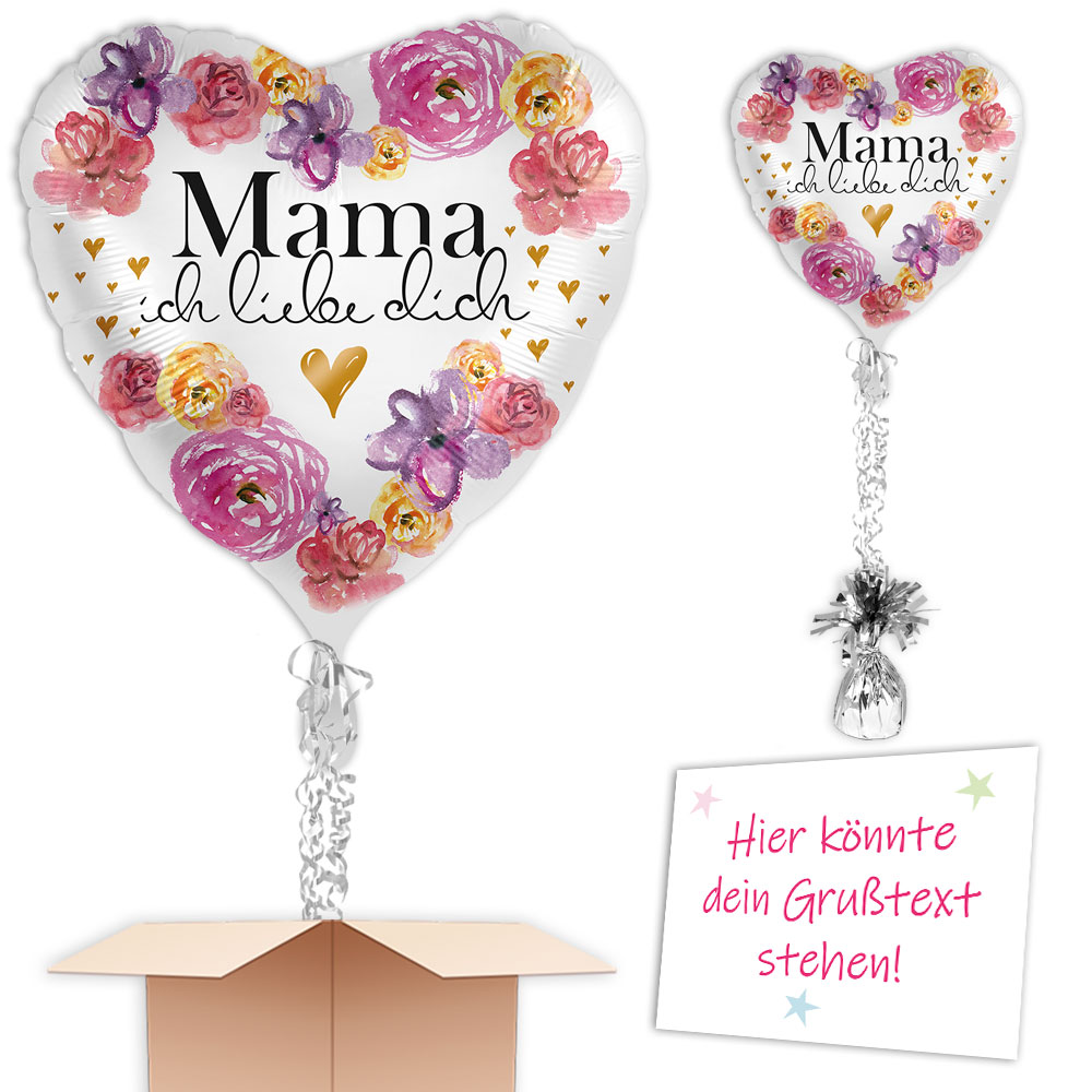 Herz "Mama ich liebe Dich!, silber mit Blumen Ø 38cm