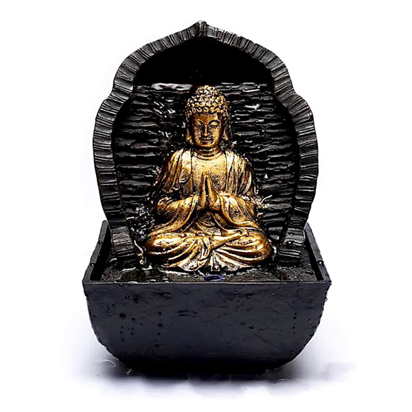 Tischbrunnen "Betender Buddha" aus Polyresin, mit warmweißer LED