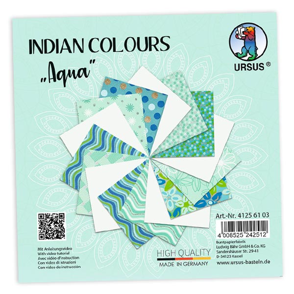 Bastelpapier, Indian Colours, Türkis, 15 Blatt, 13,7cm x 13,7cm