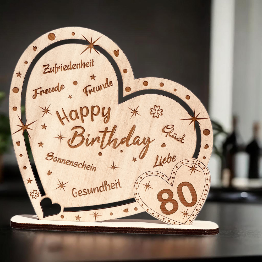 Kunstvoll graviertes Holz-Herz "Happy Birthday" mit Zahl 80, Geschenk & Deko zum Geburtstag