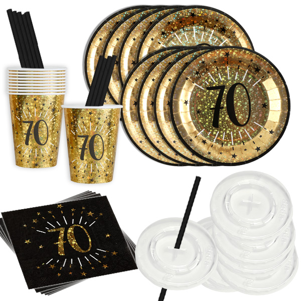 Basicset zum 70. Geburtstag in schwarz-gold glitzernd, 52-teilig für 10 Gäste
