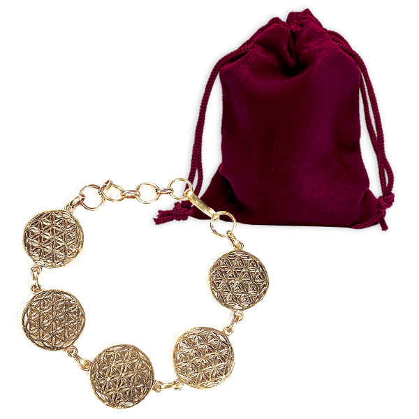 Metall-Armband mit Blume des Lebens in gold + Samt-Geschenktasche
