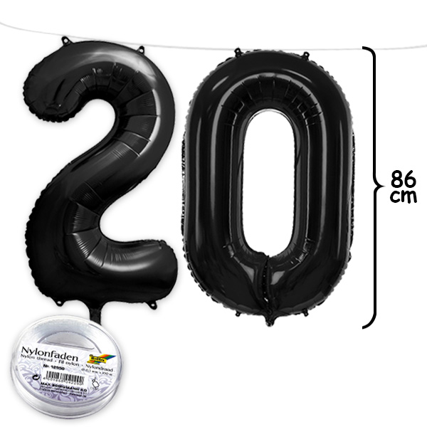 20. Geburtstag, XXL Zahlenballon Set 2 & 0 in schwarz, 86cm hoch
