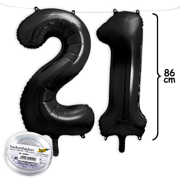 21. Geburtstag, XXL Zahlenballon Set 2 & 1 in schwarz, 86cm hoch
