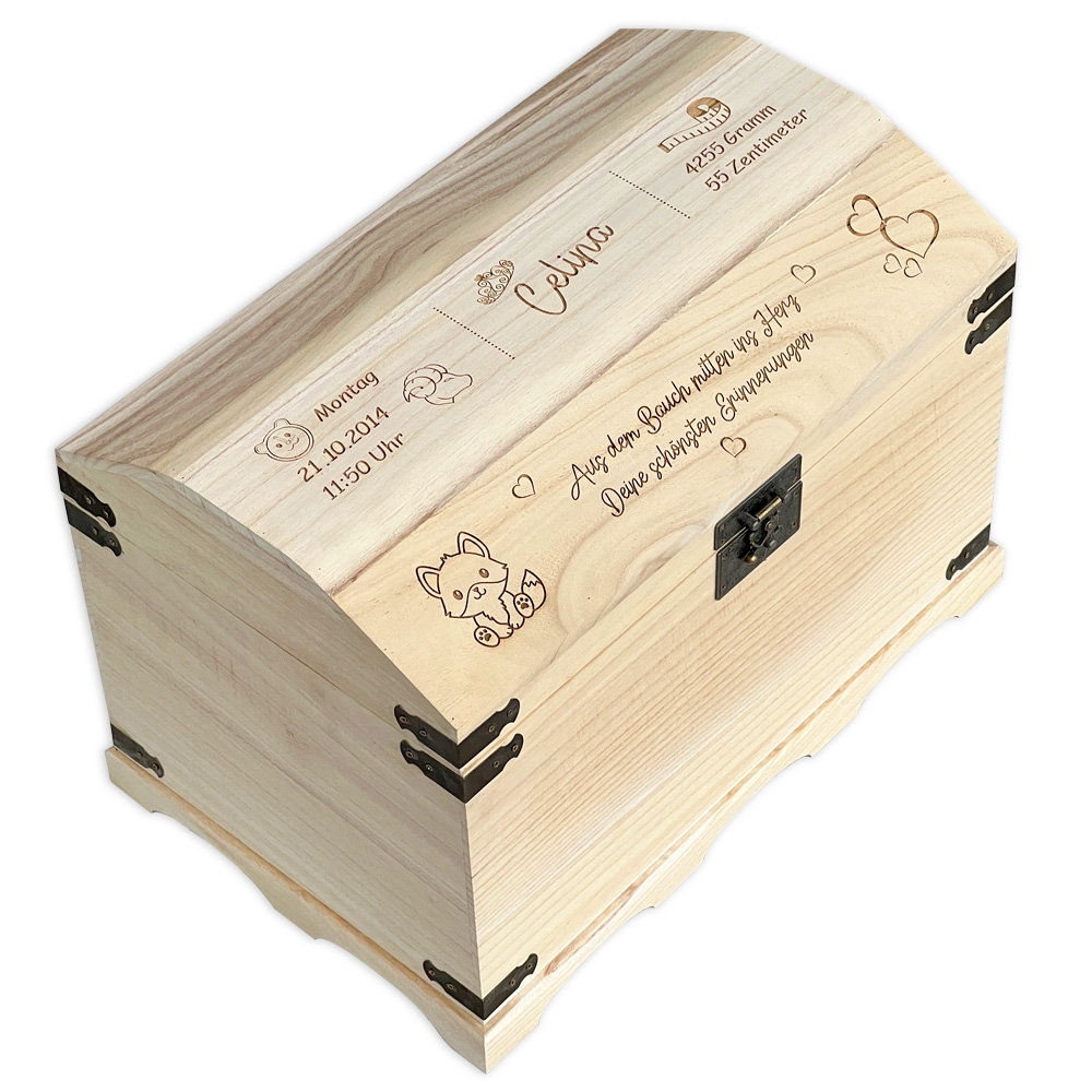 Baby Erinnerungs Holztruhe Kiste mit persönlicher Gravur der Geburtsdaten u. Wunschtext - Große Truhe mit gerundetem Deckel & Beschägen