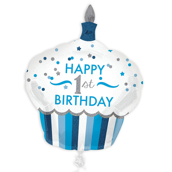 Cupcake Folienballon zum 1. Geburtstag in blau, 73cm x 91cm