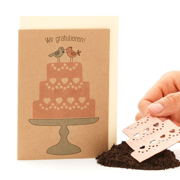 Saatpapier-Grußkarte "Wir gratulieren" Hochzeitstorte, mit Saatstecker und Umschlag