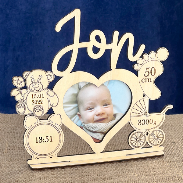 Baby Geburt Fotoaufsteller mit eingravierten Geburtsdaten, Name, Größe, Gewicht, Datum, Uhrzeit + Bild