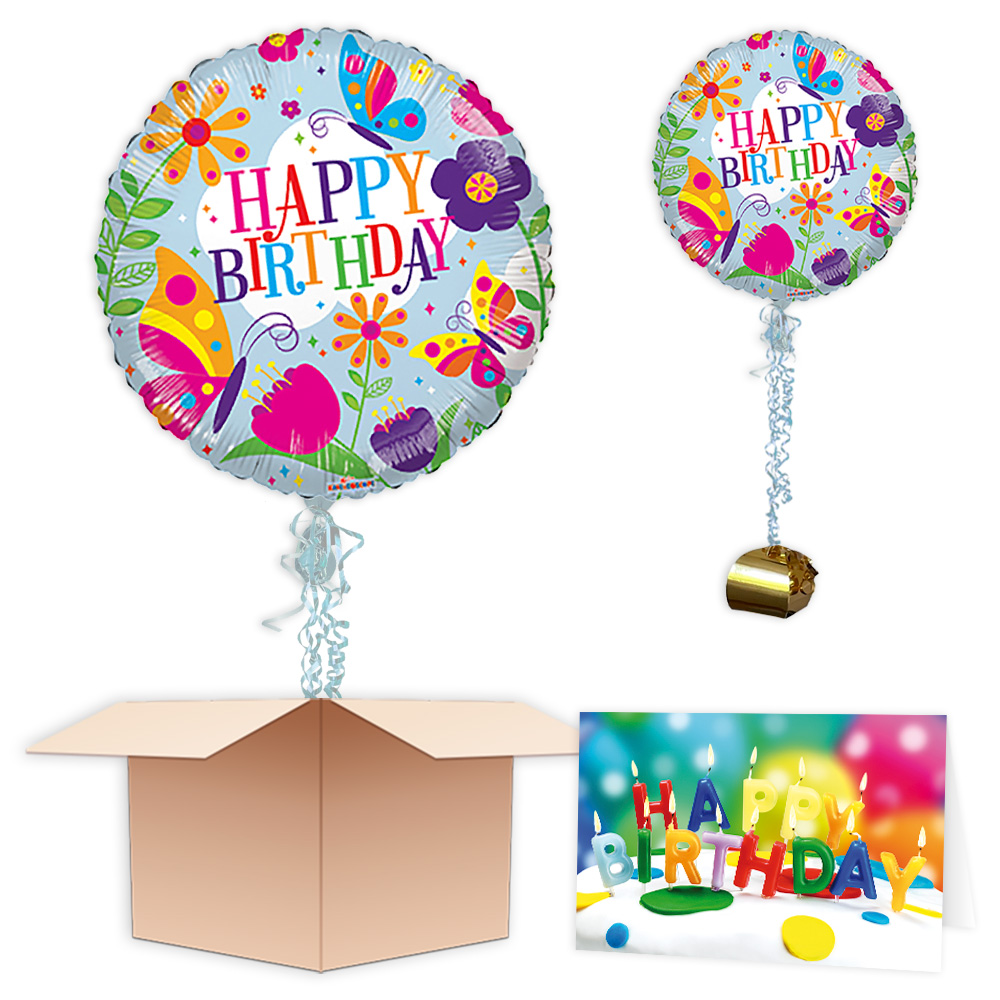 Ballongruß "Happy Birthday Schmetterlinge", Folienballon im Karton