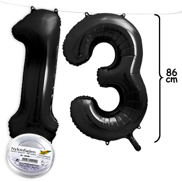 13. Geburtstag, XXL Zahlenballon Set 1 & 3 in schwarz, 86cm hoch