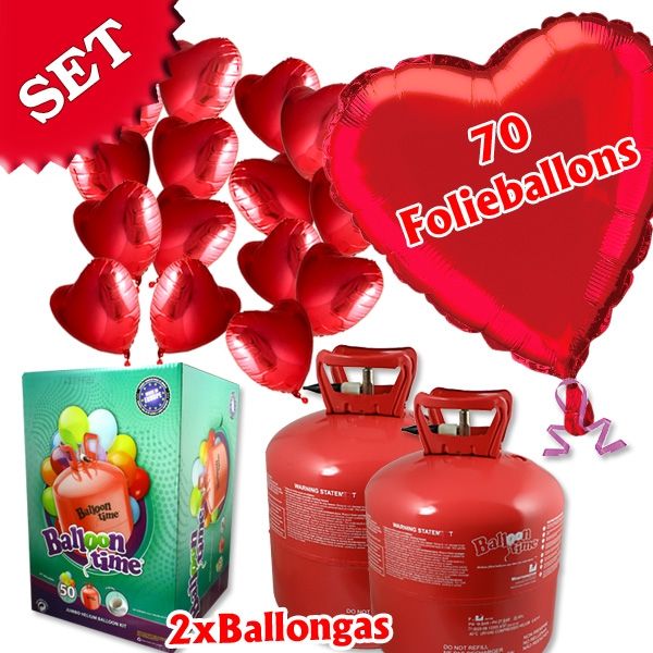 Ballongas-Set Love: 70 Folieballons in Herzform, 2 x 50er Ballongasfl.