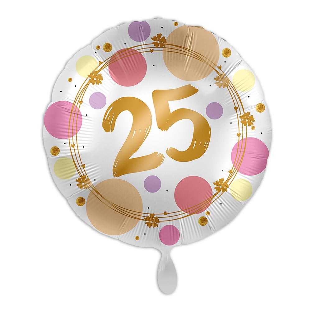 Ballongruß zum 25.Geburtstag mit glänzendenPunkten, Silber-Gold Ø 35cm