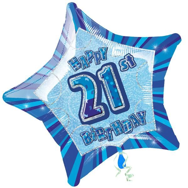 Folienballon sternförmig +Zahl 21, blau, 45cm, für Helium