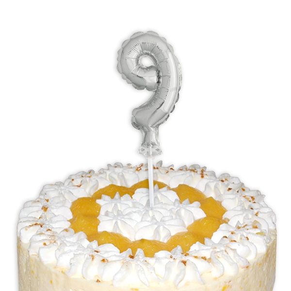 Cake Topper, Zahl "9" in silber, Folie, 12,7cm