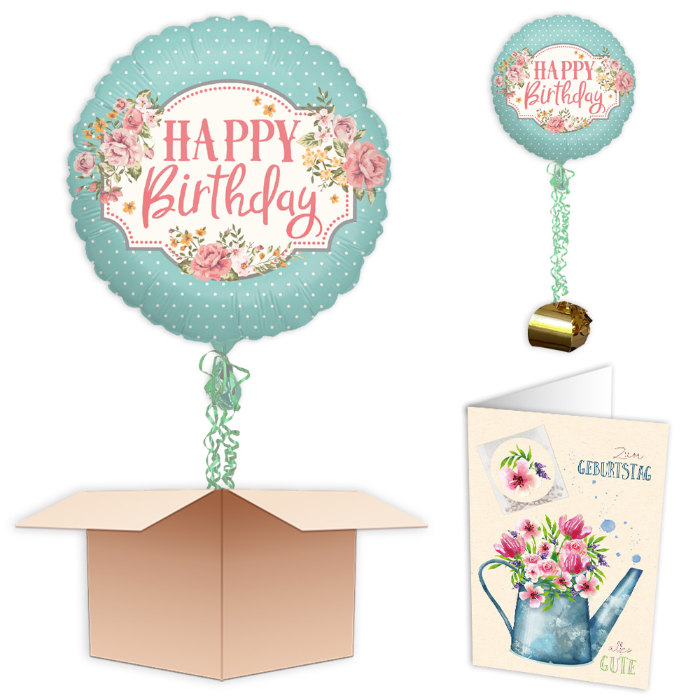Ballongruß "Happy Birthday Vintage", Folienballon im Karton