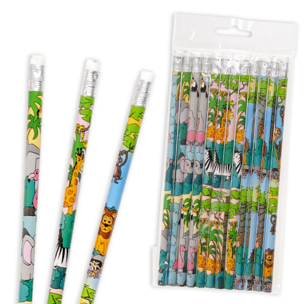 Dschungeltier-Bleistifte mit Radiergummi, Holzbleistifte im 12er Pack
