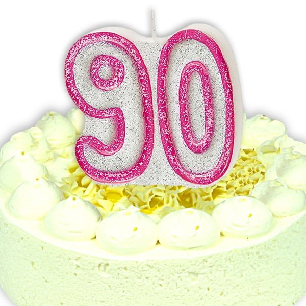 Geburtstagskerze Zahl 90, in schimmerndem Pink