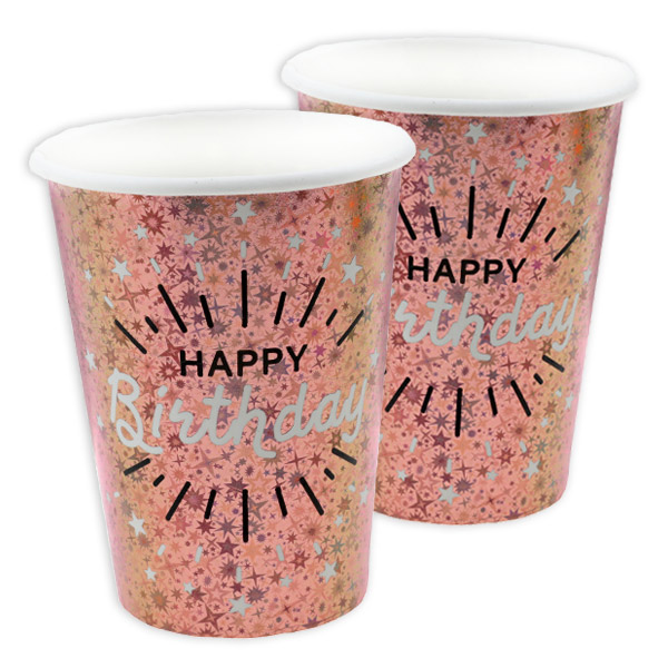 Pappbecher "Happy Birthday" in Roséold, holografisch glitzernd, 10er Pack, 270ml