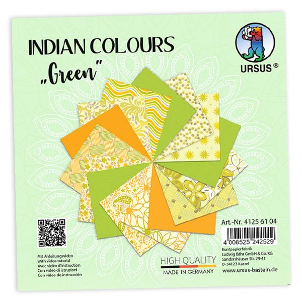 15 Blatt Bastelpapier, Indian Colors in Grüntönen, 13,7cm x 13,7cm