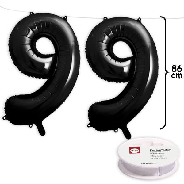 99. Geburtstag, XXL Zahlenballon Set 2 x 9 in schwarz, 86cm hoch