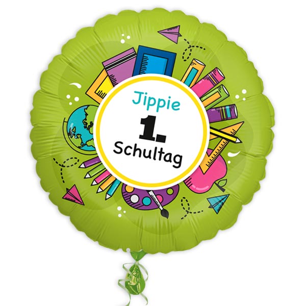 Schulanfang Folienballon "Jippie, 1. Schultag", Ø 35cm, Heliumballon