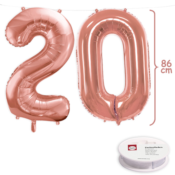 20. Geburtstag, XXL Zahlenballon Set 2 & 0 in roségold, 86cm hoch