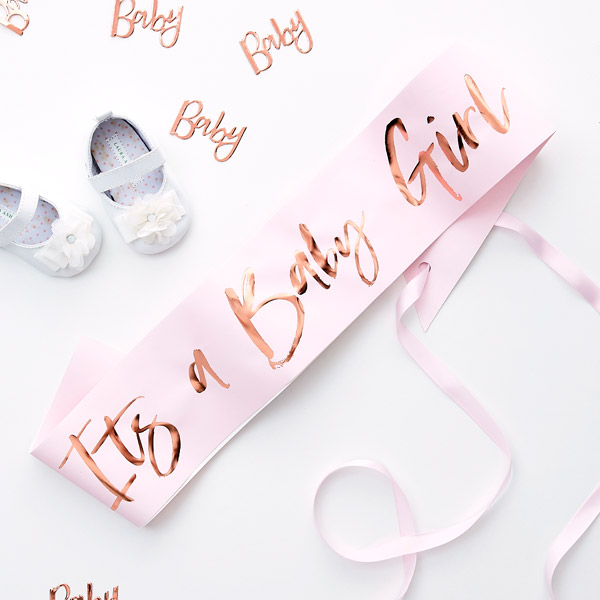 Papier-Schärpe "It's a Baby Girl", rosa mit rosegold foliert, 75cm