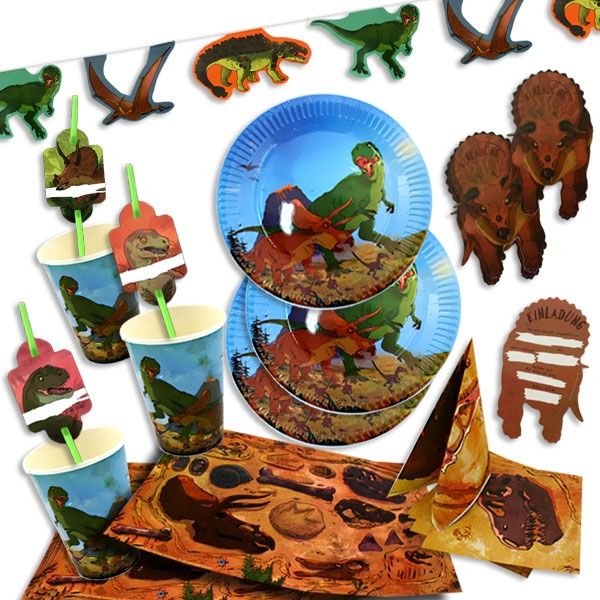 Dinosaurier Partyset 61-teilig für 8 Kinder, Raumdeko und Tischdeko