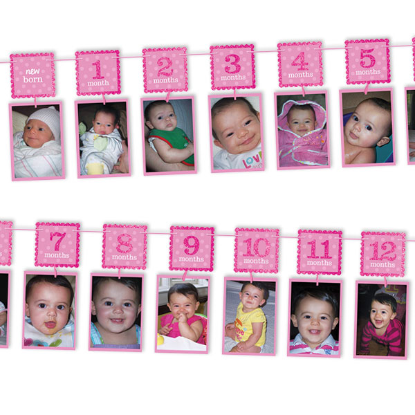 Glitzer-Fotogirlande rosa, von "neu geboren" bis 12 Monate, 3,65 m