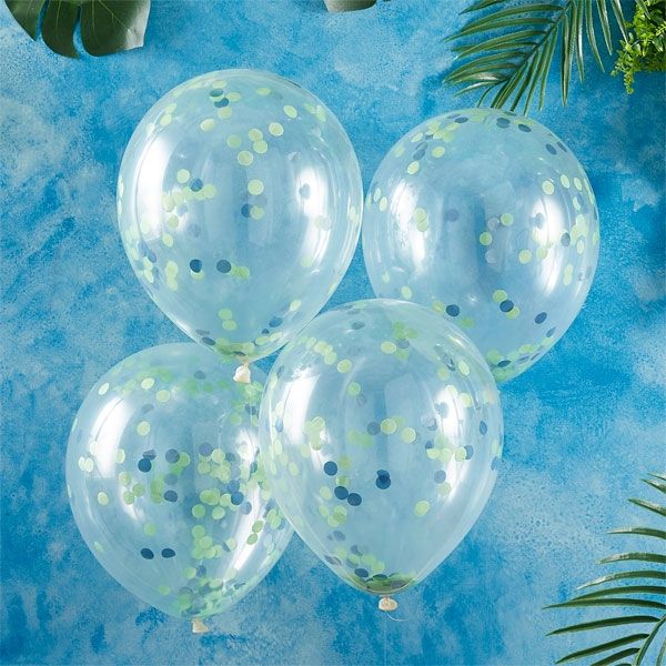 Konfetti Luftballons 5er Pck, mit blauem und grünem Konfetti, Ø 30,4cm