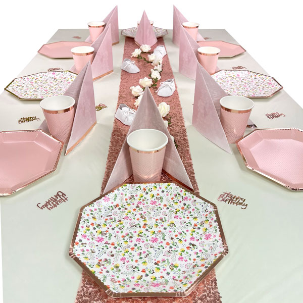 Happy Birthday Tischdeko Set Mädchen bis 16 Gäste - Blumen Rosé