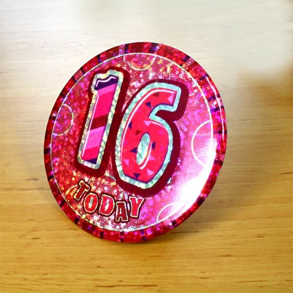 Zahl 16 auf Glitzer-Button, 15cm, mit Anstecknadel